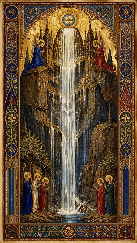 towering waterfall cascading down a cliff — Gothic Religious Art