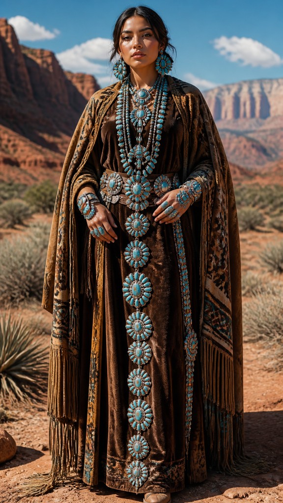 full-length portrait of an elegant figure — Southwestern Turquoise Jewelry Style