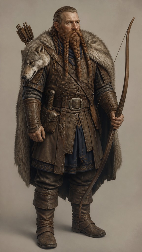 full-body original character: a dwarven ranger with a braided auburn beard, worn leather armor, a longbow and a wolf-pelt cloak, neutral background, no text — Transitional Interior Design tabletop character portrait