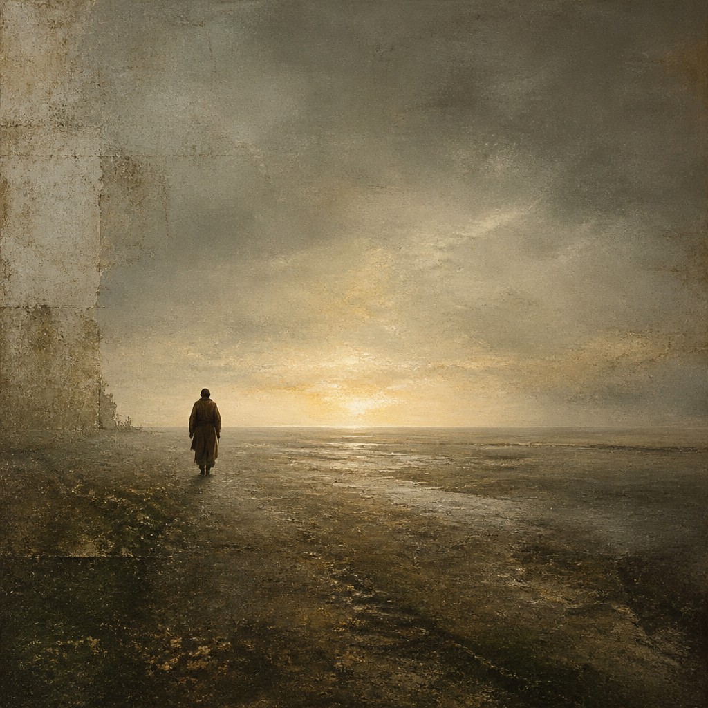 a solitary figure walking toward a glowing horizon across an empty plain, moody atmosphere, no text or lettering — Wabi Sabi Art Style album cover