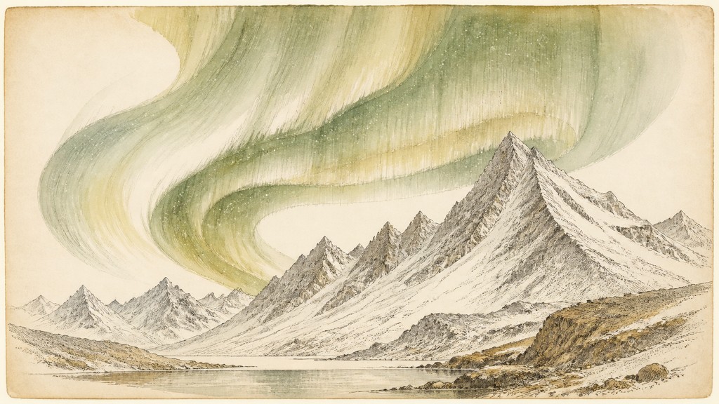 a flowing aurora over snowy peaks, wide sweeping composition, no people, no text — Traditional Botanical Still Life Art Style banner