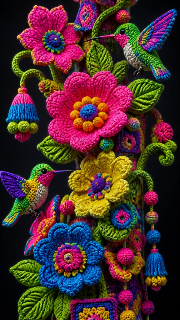 a climbing vine of flowers and hummingbirds on a dark background, tall wrapping composition, no text — Yarn Bombing Street Art Style phone case design