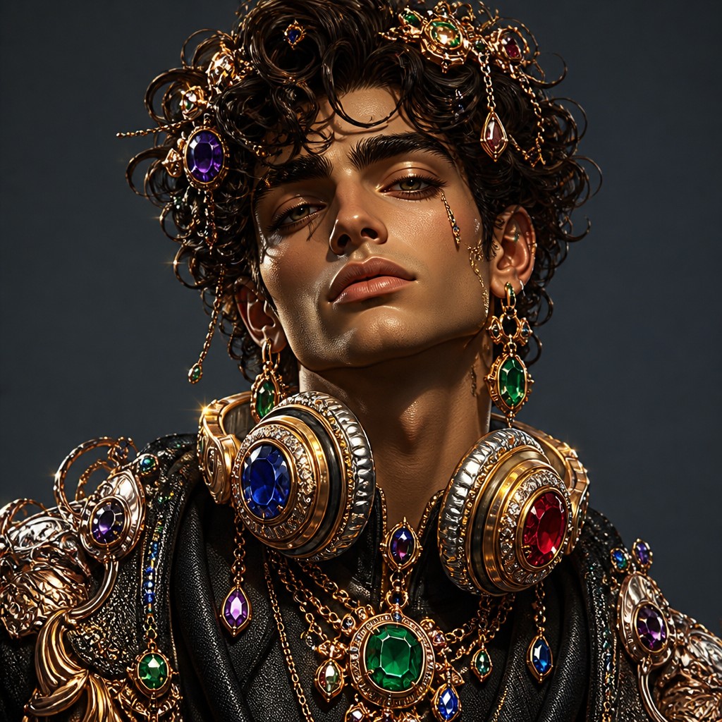 head-and-shoulders portrait of an original character: a young man with curly dark hair and headphones around his neck, plain backdrop, no text — Statement Jewelry Design Discord profile picture
