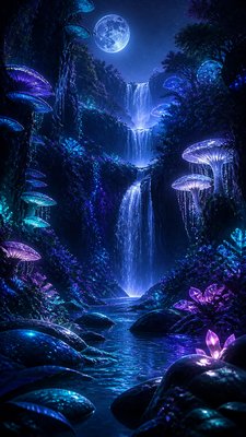 a cascading waterfall in a lush green gorge, no people — Lunarpunk Aesthetic wallpaper