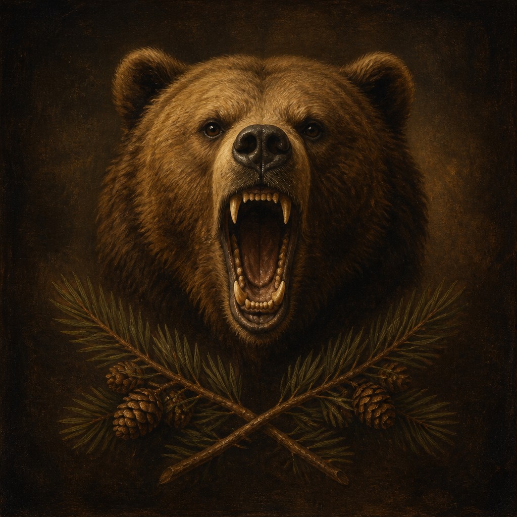a roaring bear head above crossed pine branches, bold graphic composition on a plain background, no text — Renaissance Portrait Art Style t-shirt design