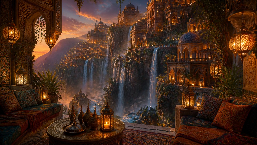 a cliffside city with waterfalls cascading into a misty canyon, wide establishing shot, no people, no text — Moroccan Interior Design concept art