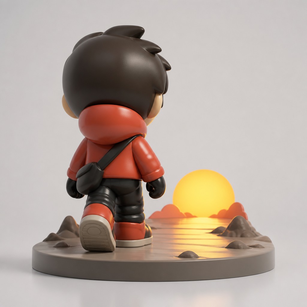 a solitary figure walking toward a glowing horizon across an empty plain, moody atmosphere, no text or lettering — Designer Vinyl Toy Art album cover