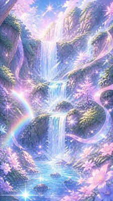a cascading waterfall in a lush green gorge, no people — Magical Girl Anime Art Style wallpaper