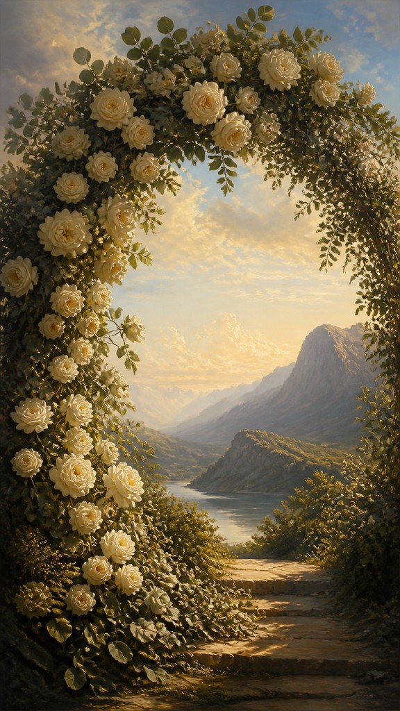 an arch of white roses and eucalyptus in soft morning light, elegant vertical composition with open space, no text — Hudson River School Art Style wedding invitation