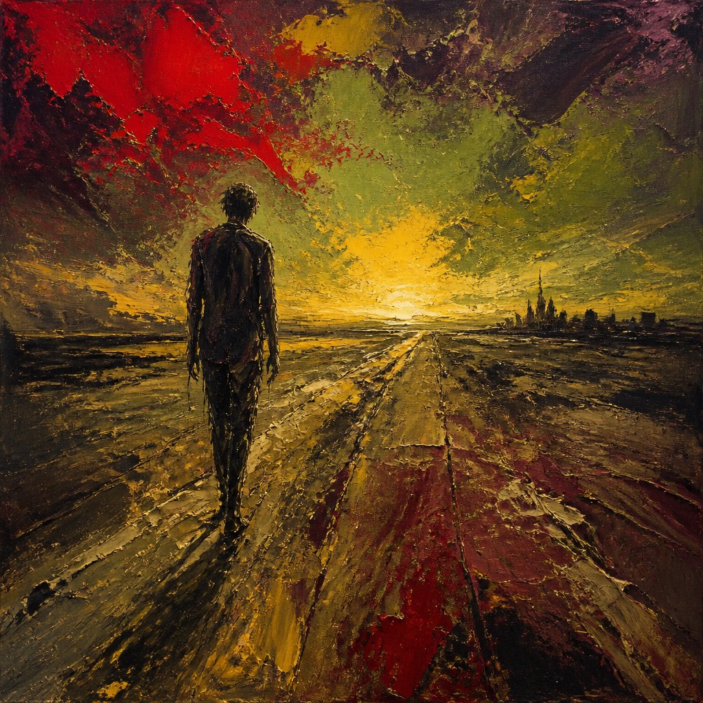 a solitary figure walking toward a glowing horizon across an empty plain, moody atmosphere, no text or lettering — Expressionist Portrait Style album cover
