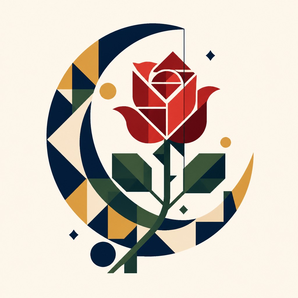 a rose entwined with a crescent moon, clean balanced composition on a plain background, no text — Abstract Geometric Art tattoo design