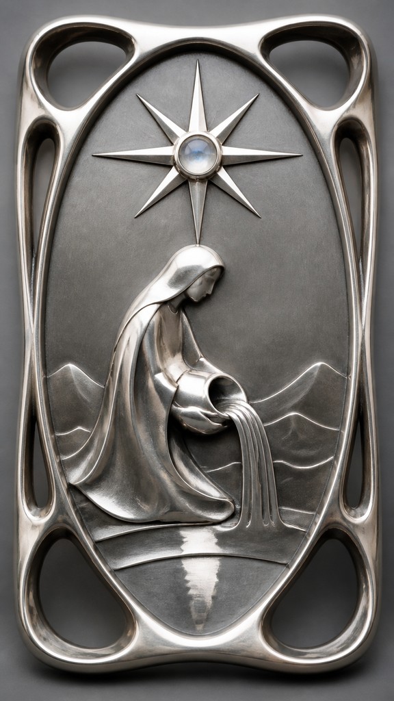 a robed figure pouring water beneath a large eight-pointed star in a night sky, symmetrical composition with an ornate decorative border, no text — Modernist Silver Jewelry Design tarot card