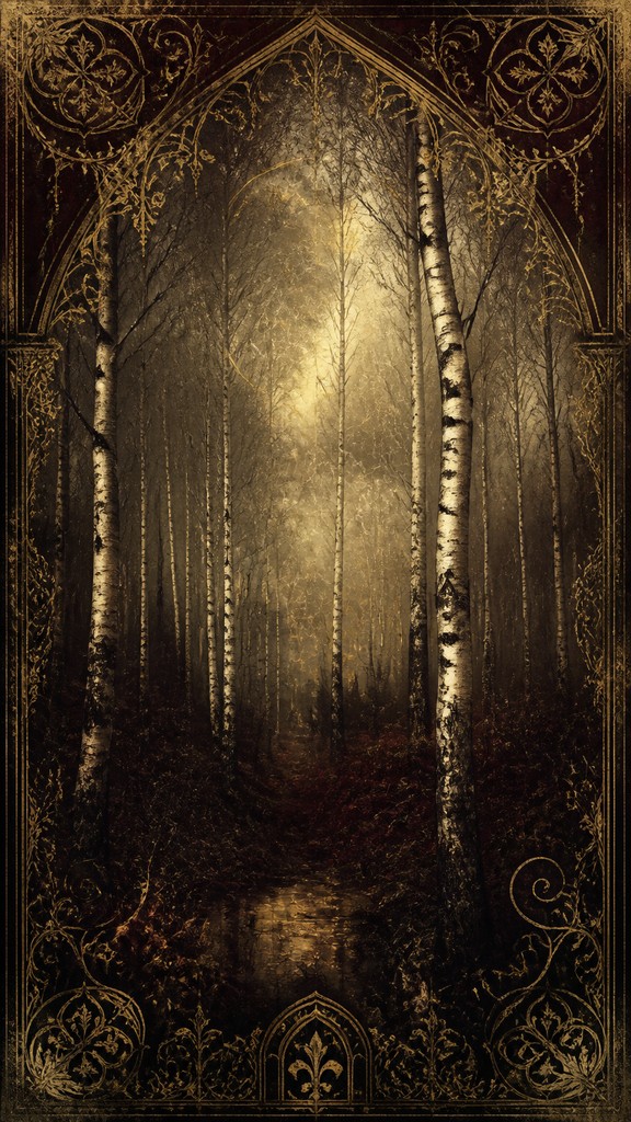 a serene birch forest in soft morning light, no people, no text — Victorian Gothic Art wall art print