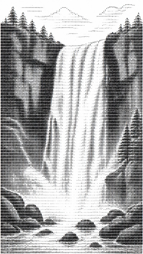towering waterfall cascading down a cliff — ASCII Art Style