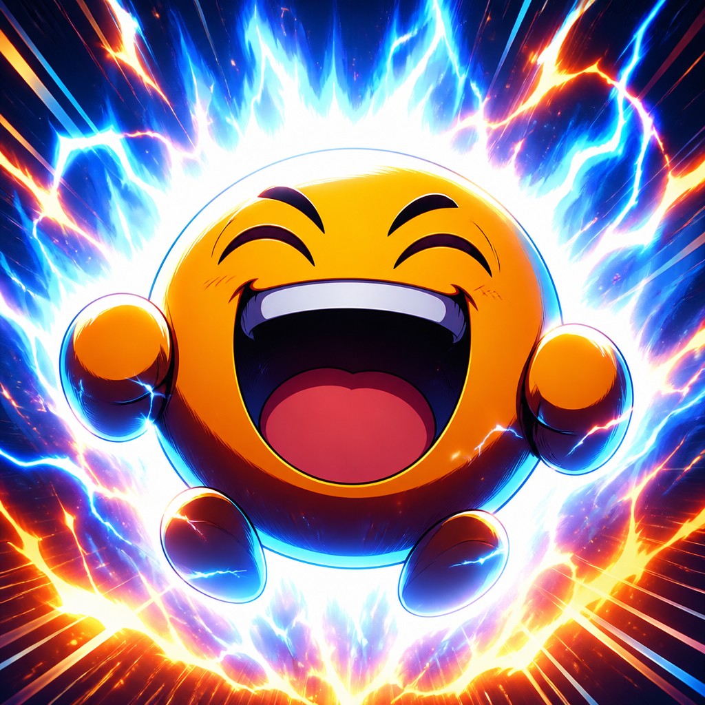 an exaggerated laughing face of an original round mascot character, bold and readable at small size, plain background, no text — Shounen Power-Up Aura Portrait Twitch emote