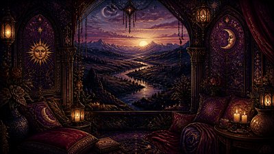 a vast valley with a river winding toward distant mountains at sunrise, no people, no text — Whimsigoth Aesthetic wallpaper