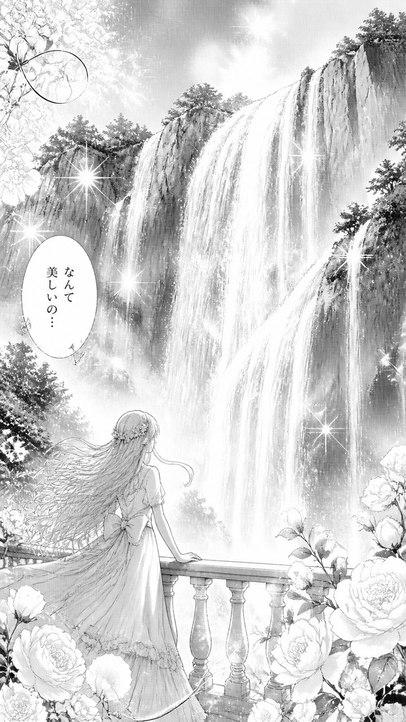 towering waterfall cascading down a cliff — Shoujo Romance Manga Art Style