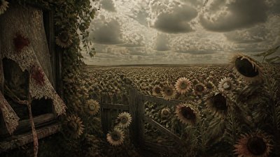 an endless field of sunflowers under summer clouds, no people — Dark Cottagecore Aesthetic wallpaper