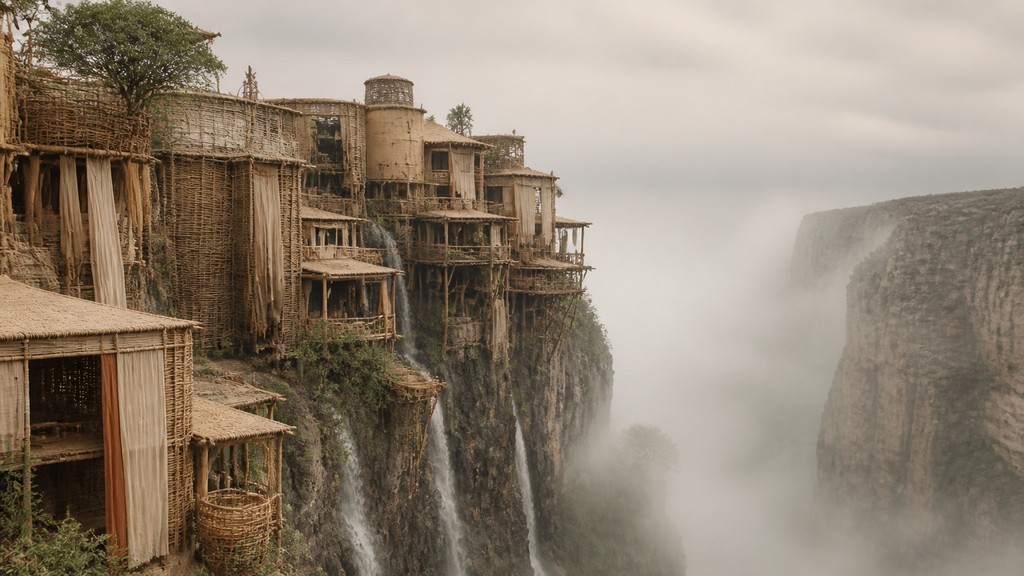 a cliffside city with waterfalls cascading into a misty canyon, wide establishing shot, no people, no text — Sustainable Fashion Design concept art