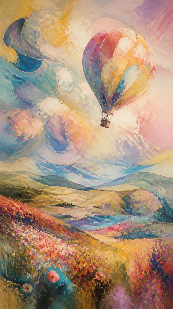 a hot air balloon drifting over rolling flower fields on a sunny day, cheerful, no text — Lyrical Abstraction Art Style greeting card