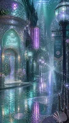 a quiet rainy city street at night reflecting neon signs, no people — Mermaidcore Aesthetic wallpaper