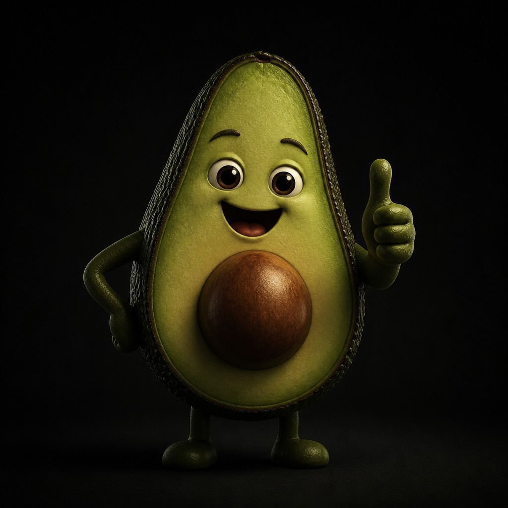 a happy avocado character giving a thumbs up, bold readable design on a plain background, no text — Dark Moody Interior Design sticker