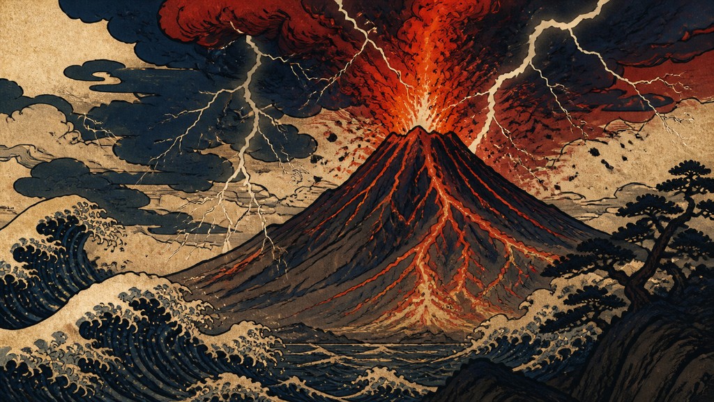 an erupting volcano with lightning strikes, dramatic wide composition, no text — Ukiyo-e Anime Fusion Portrait YouTube thumbnail
