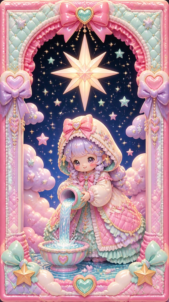 a robed figure pouring water beneath a large eight-pointed star in a night sky, symmetrical composition with an ornate decorative border, no text — Kawaii Fashion Style tarot card