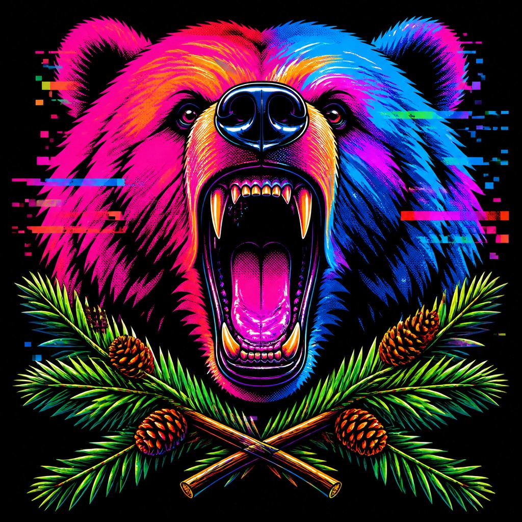 a roaring bear head above crossed pine branches, bold graphic composition on a plain background, no text — Neo-Pop Art Style t-shirt design