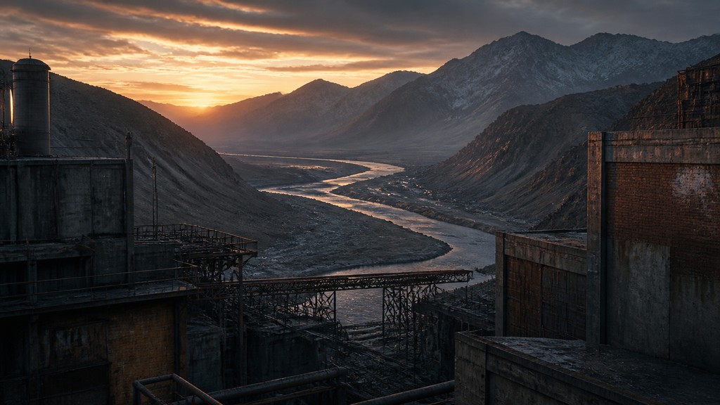 a vast valley with a river winding toward distant mountains at sunrise, no people, no text — Industrial Interior Design desktop wallpaper