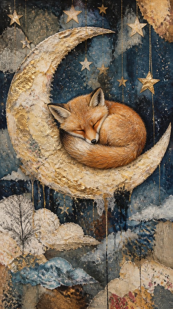 a sleeping baby fox curled on a crescent moon among soft stars, gentle and warm, no text — Mixed Media Portrait Style baby announcement