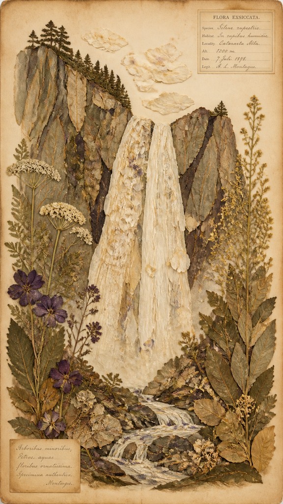 towering waterfall cascading down a cliff — Pressed Flowers