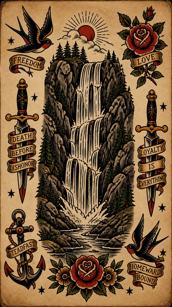 towering waterfall cascading down a cliff — Tattoo Flash Art Style