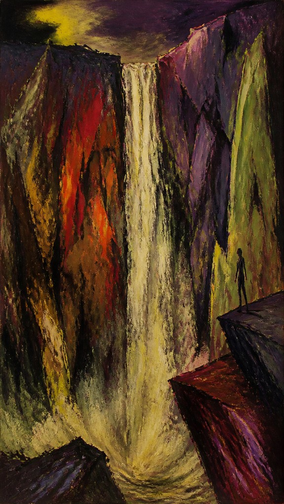 towering waterfall cascading down a cliff — Expressionist Portrait Style