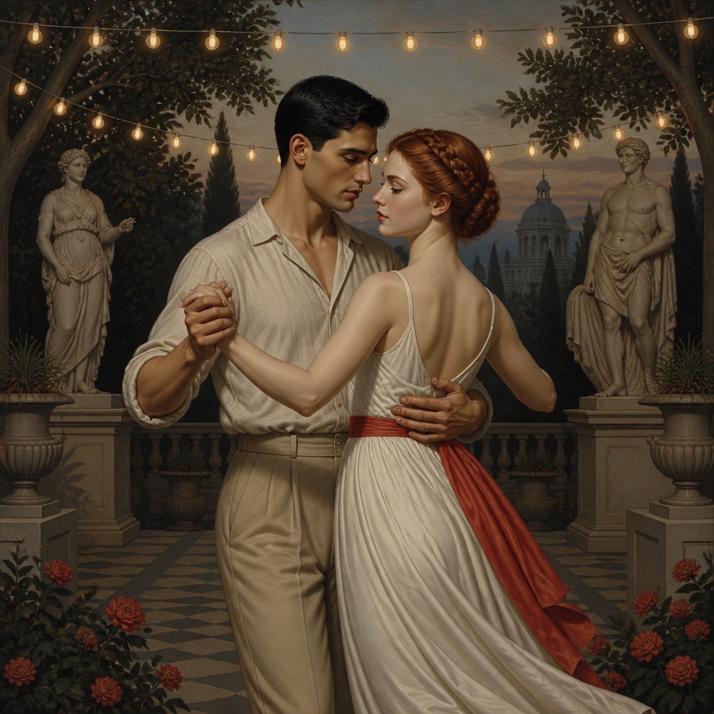 an original couple dancing under string lights in a garden at dusk: a man with short black hair in a linen shirt and a woman with braided red hair in a summer dress — Neoclassical Art Style couple portrait