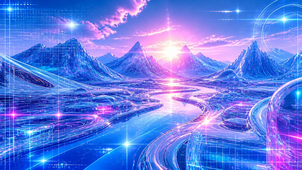 a vast valley with a river winding toward distant mountains at sunrise, no people, no text — Cyber Y2K Aesthetic desktop wallpaper