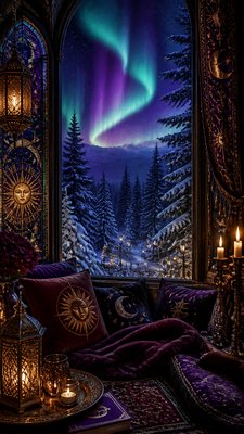 a snowy pine forest under the northern lights, no people — Whimsigoth Aesthetic wallpaper