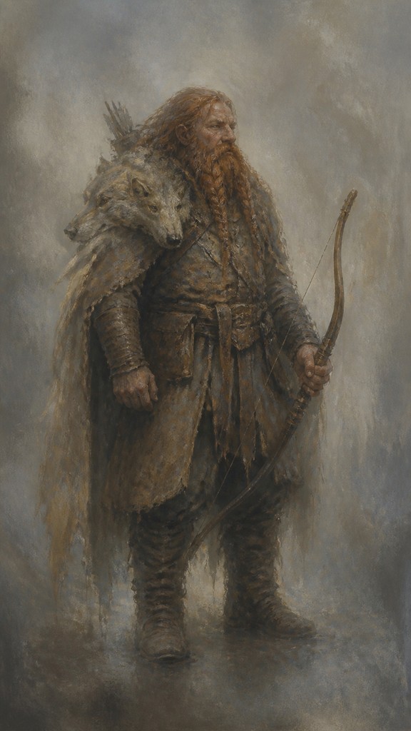 full-body original character: a dwarven ranger with a braided auburn beard, worn leather armor, a longbow and a wolf-pelt cloak, neutral background, no text — Atmospheric Impressionism Art Style tabletop character portrait