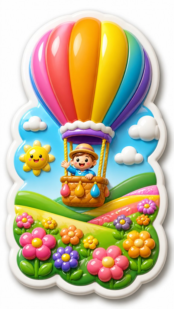 a hot air balloon drifting over rolling flower fields on a sunny day, cheerful, no text — 3D Puffy Sticker Design greeting card