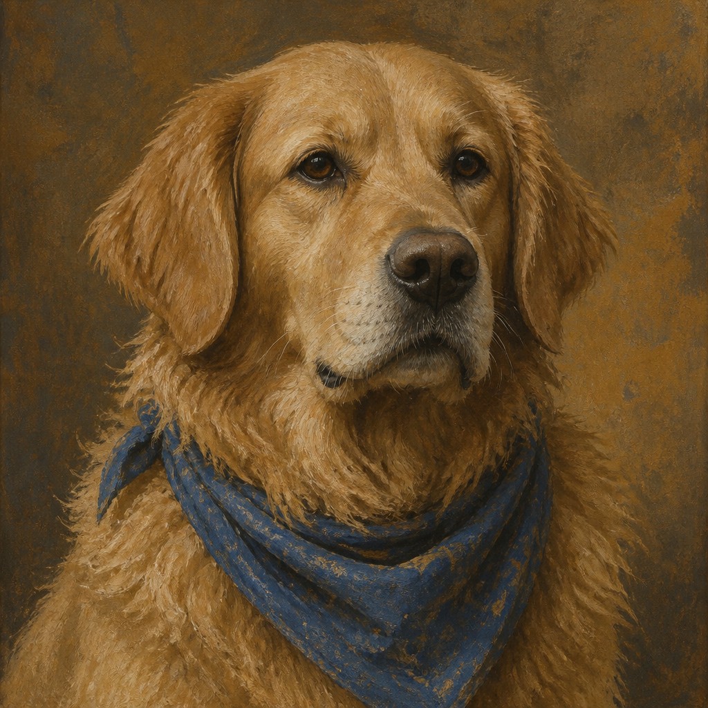 portrait of a golden retriever wearing a blue bandana, warm plain backdrop, no text — Social Realist Figurative Art Style pet portrait
