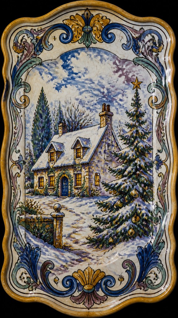 a snow-covered cottage with warm glowing windows beside a decorated pine tree, gentle snowfall, no text — Majolica Ceramic Art Style Christmas card