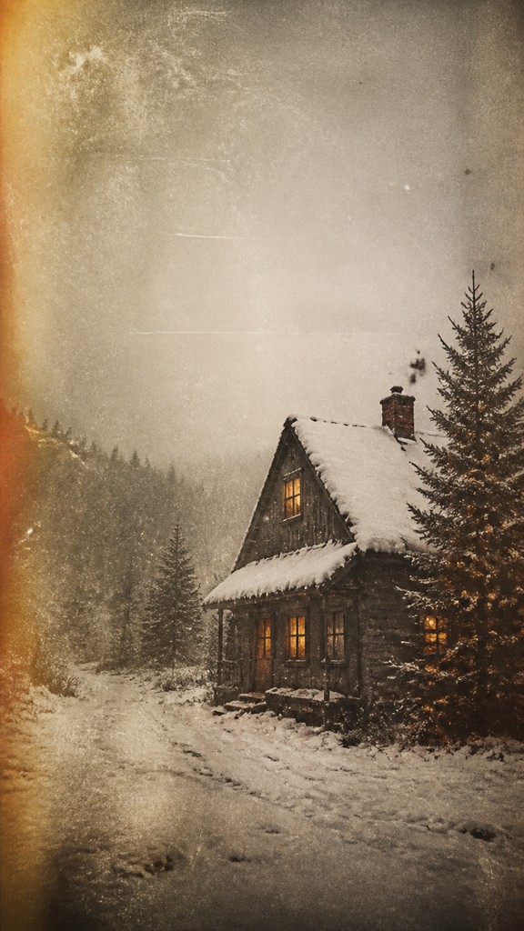 a snow-covered cottage with warm glowing windows beside a decorated pine tree, gentle snowfall, no text — Land/Environmental Conceptual Art Style Christmas card