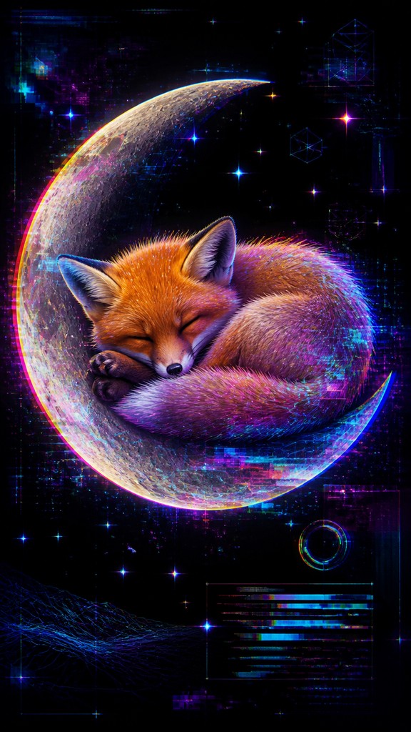 a sleeping baby fox curled on a crescent moon among soft stars, gentle and warm, no text — New Media Art Style baby announcement