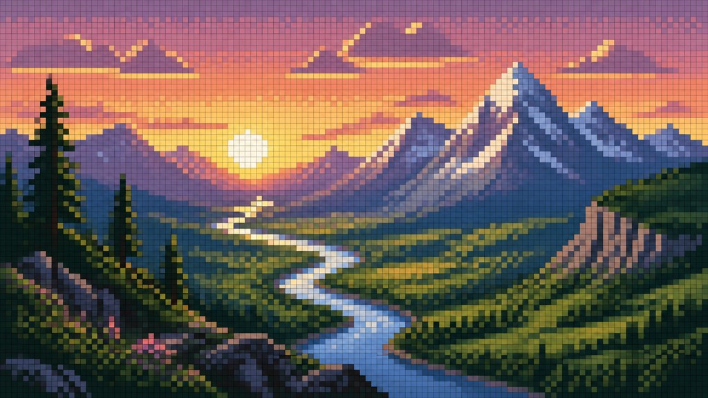 a vast valley with a river winding toward distant mountains at sunrise, no people, no text — Pixel Digital Art Style desktop wallpaper