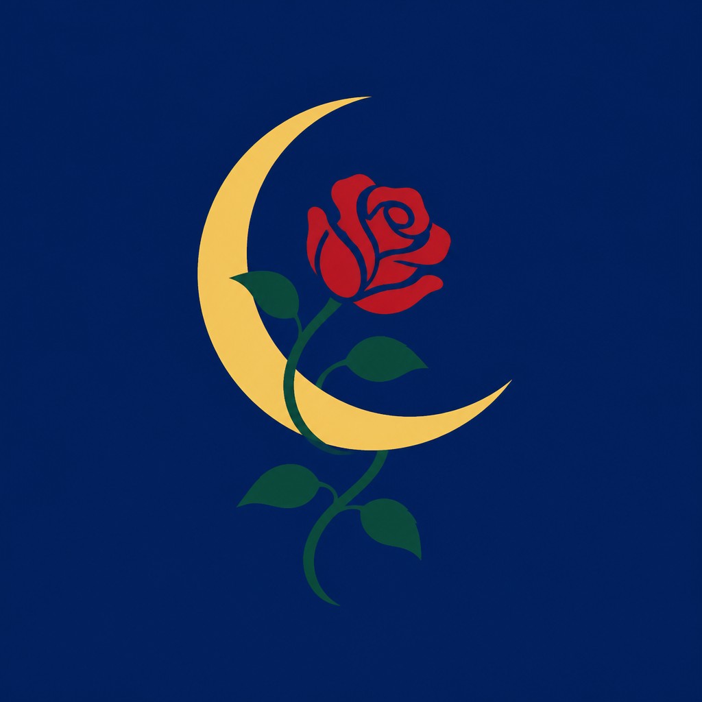 a rose entwined with a crescent moon, clean balanced composition on a plain background, no text — Color Field Minimalism Art Style tattoo design