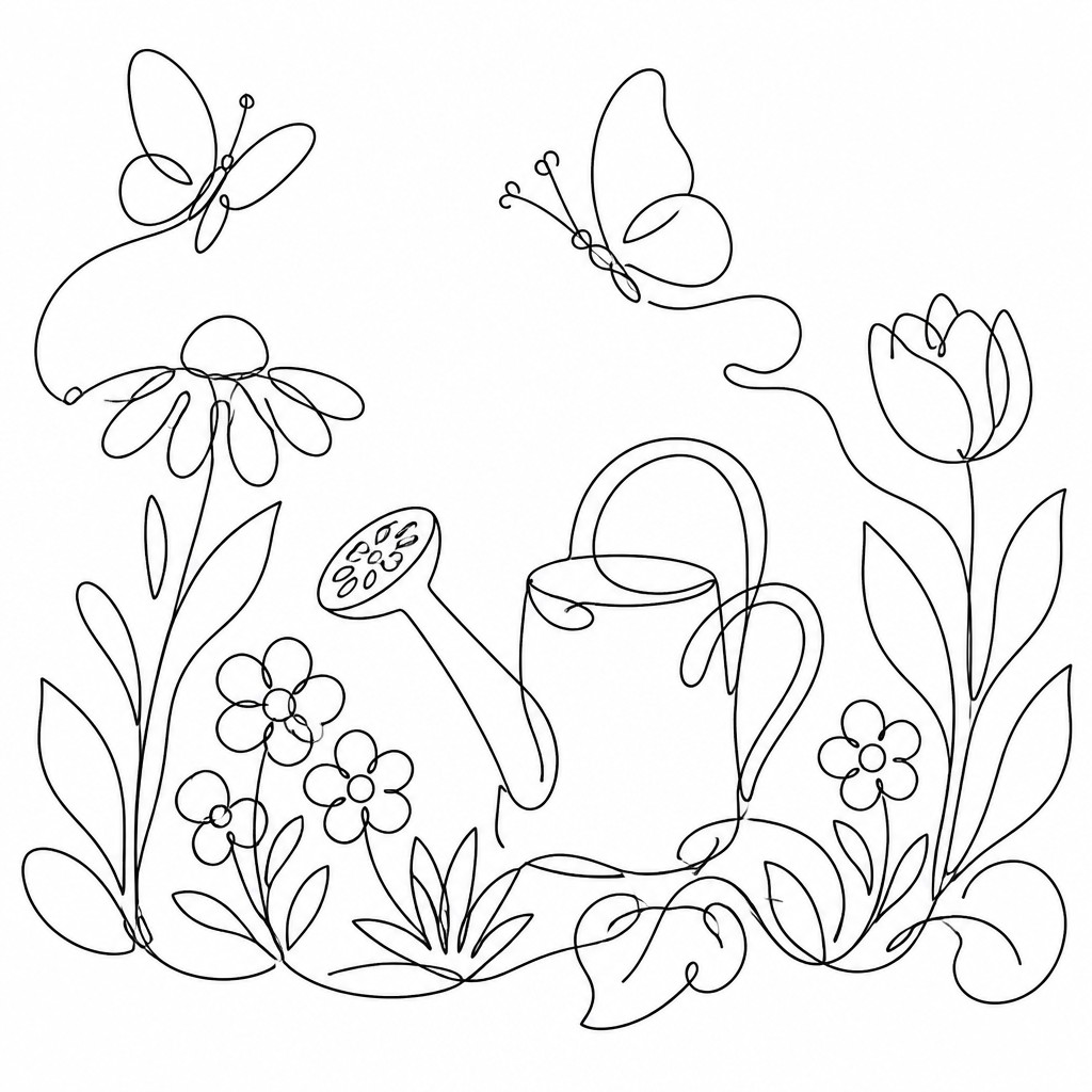 a garden scene with butterflies, flowers and a watering can, clean uncolored line art, no text — Single Line Minimalism Art Style coloring page