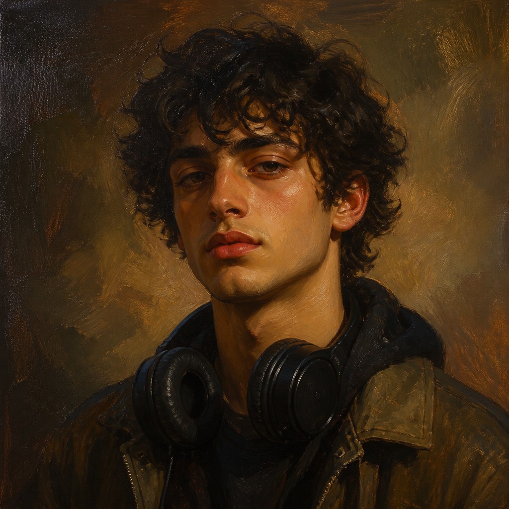 head-and-shoulders portrait of an original character: a young man with curly dark hair and headphones around his neck, plain backdrop, no text — Oil Painting Art Style Discord profile picture