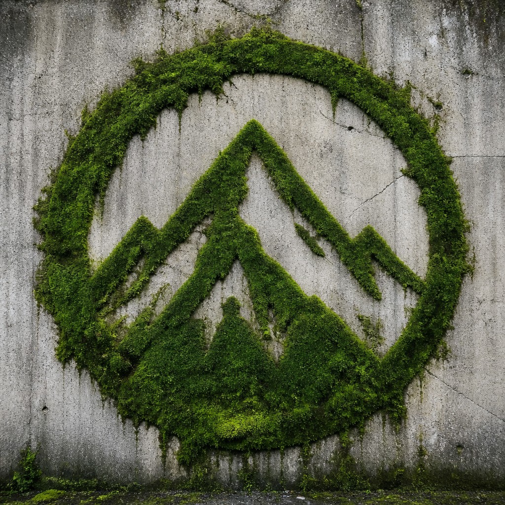 an emblem of a mountain peak inside a circle, simple bold shapes on a plain background, no text or lettering — Moss Graffiti Street Art Style logo concept