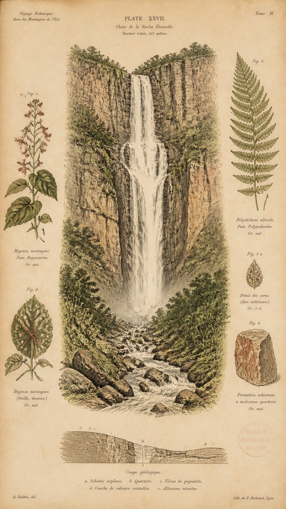 towering waterfall cascading down a cliff — Botanical Nature Art