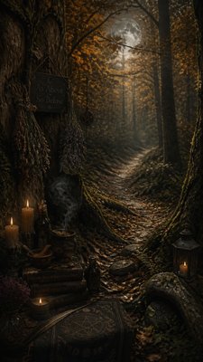 a winding forest path in golden autumn light, no people — Witchcore Aesthetic wallpaper